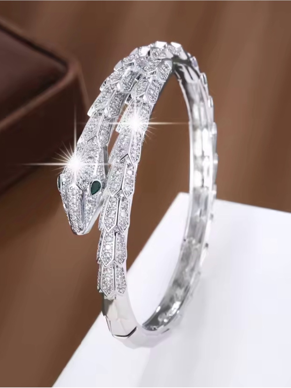 Stainless Steel Snake Designed Bracelet. Green Eyes Bangle. Luxury Jewelry